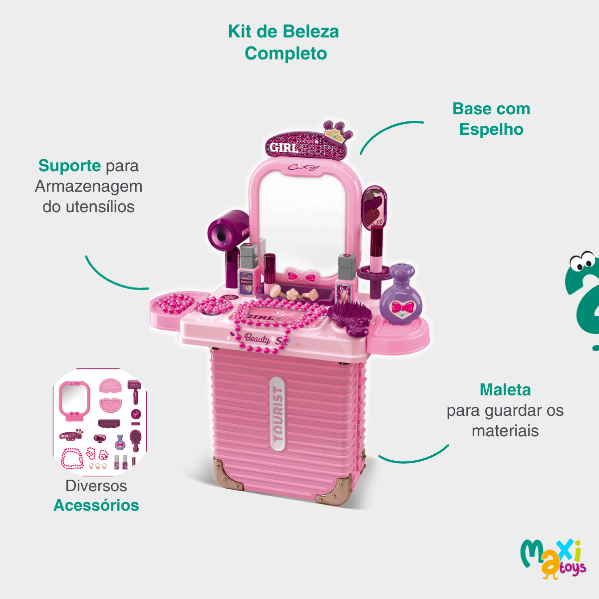 Bancada Penteadeira Infantil 3 em 1 Maleta 21 Peça Maxi Toys - Imagem 7