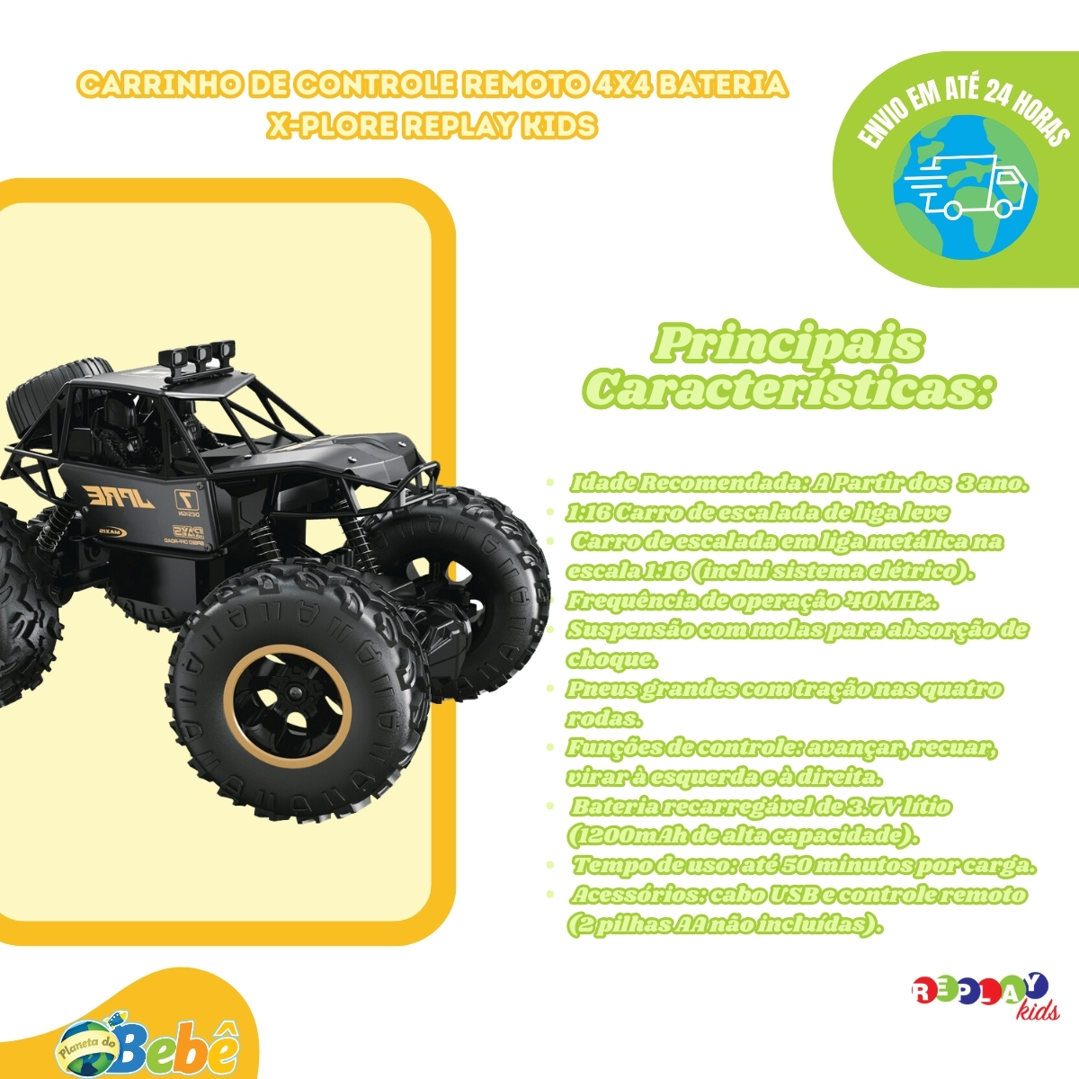 Carrinho de Controle Remoto 4x4 Bateria X-Plore Replay Kids - Imagem 11