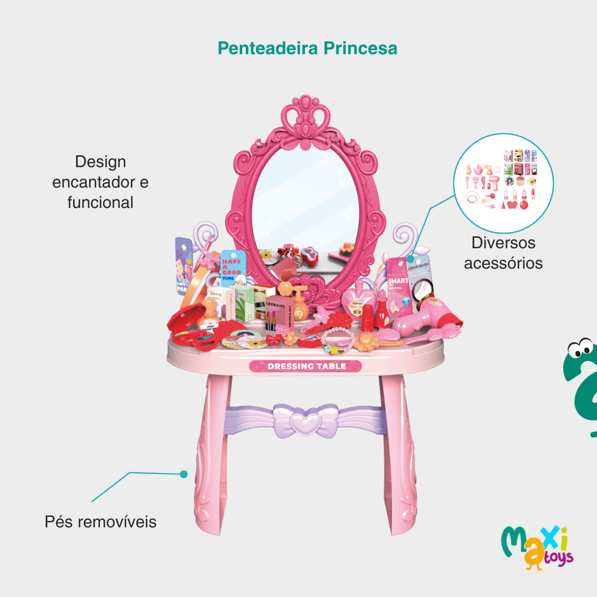 Penteadeira Infantil Com Espelho Princesa 46 Pçs Maxi Toys - Imagem 4