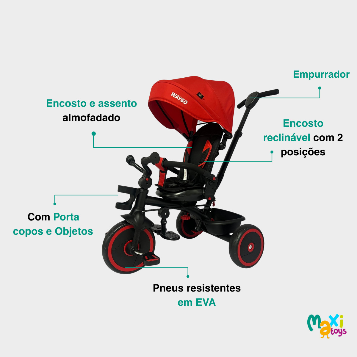 Triciclo Infantil com Empurrador 2 em 1 Waygo Verm Maxi Toys - Imagem 3