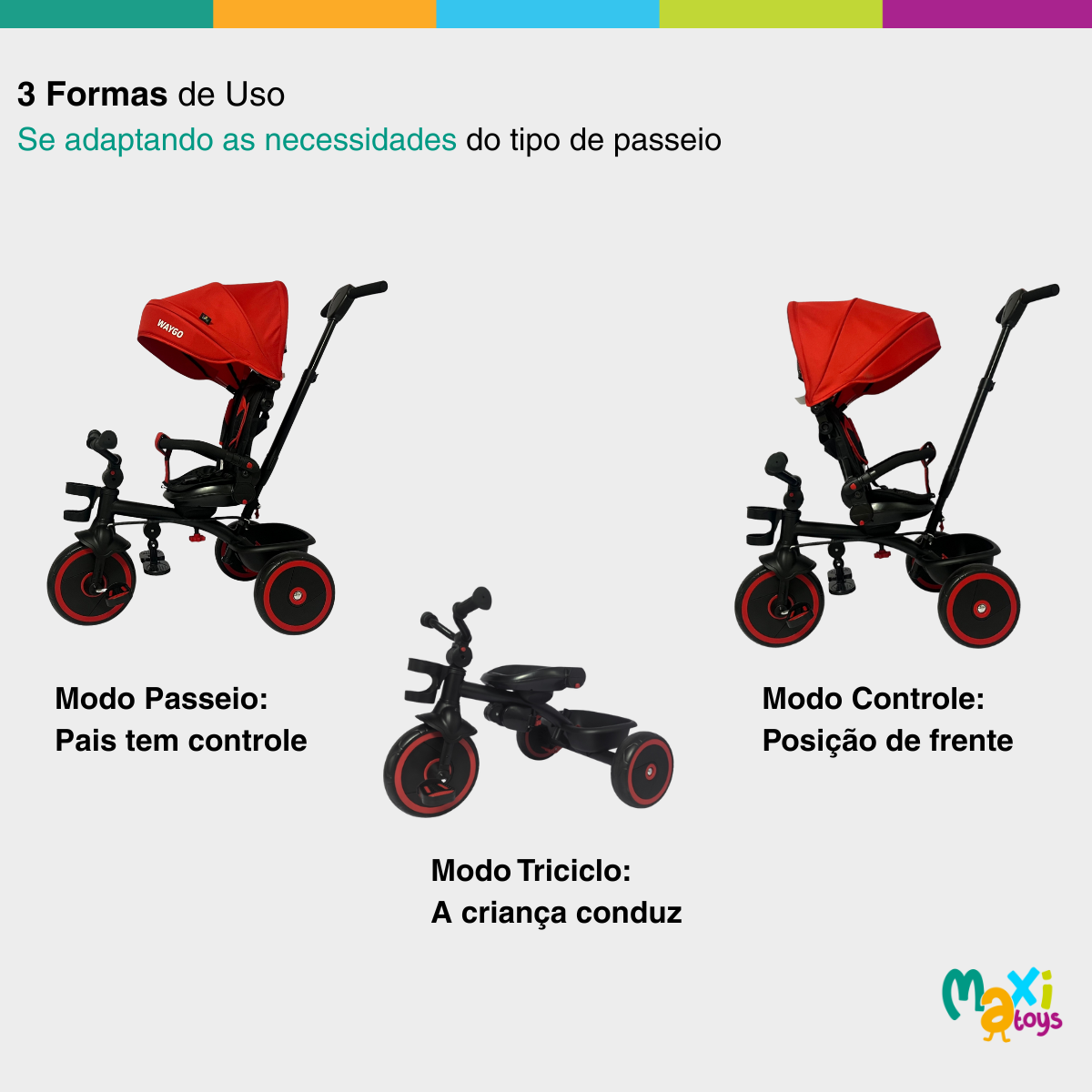 Triciclo Infantil com Empurrador 2 em 1 Waygo Verm Maxi Toys - Imagem 2