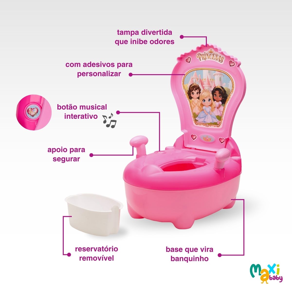 Troninho Penico Infantil Musical Princesas Rosa Maxi Baby - Imagem 4