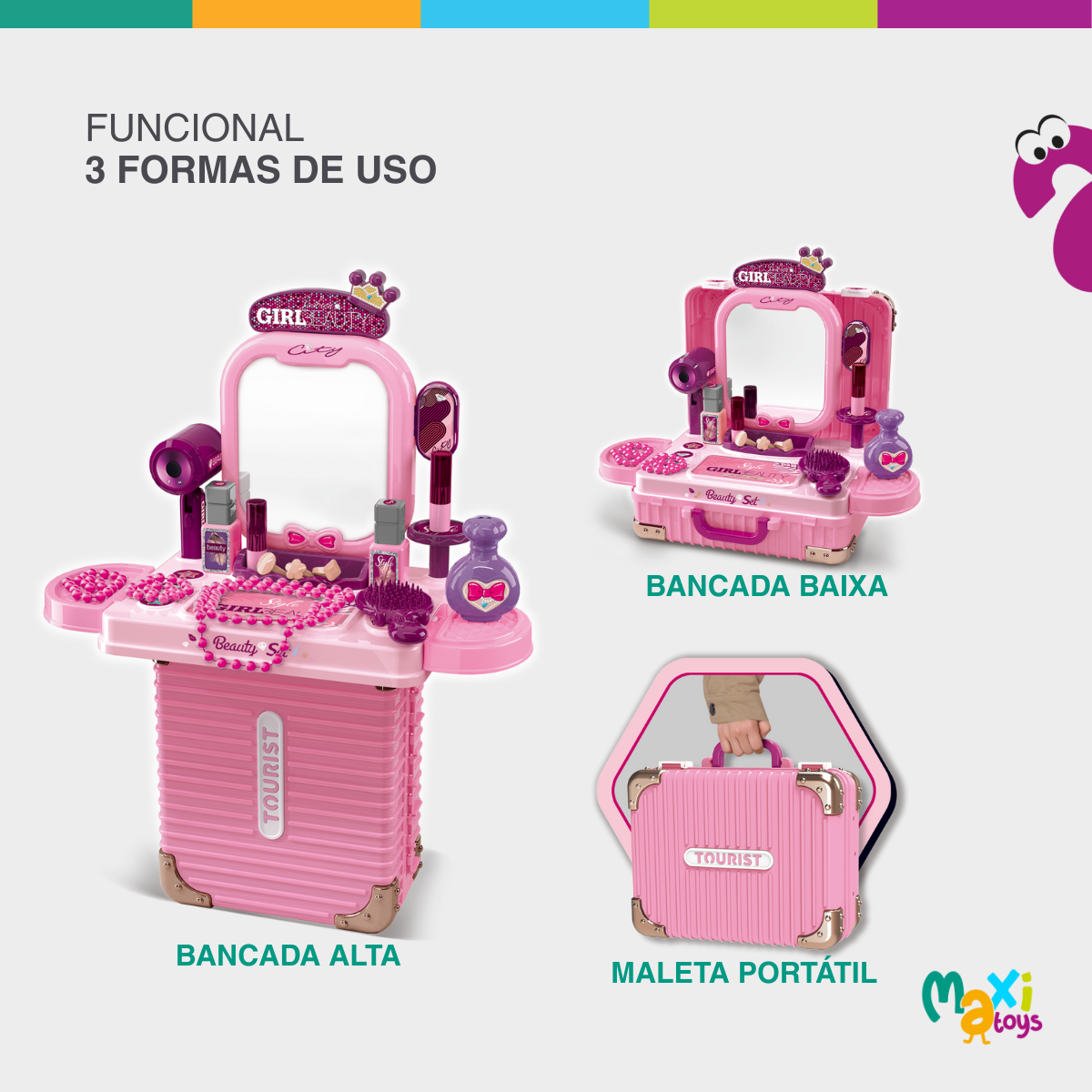 Bancada Penteadeira Infantil 3 em 1 Maleta 21 Peça Maxi Toys - Imagem 6