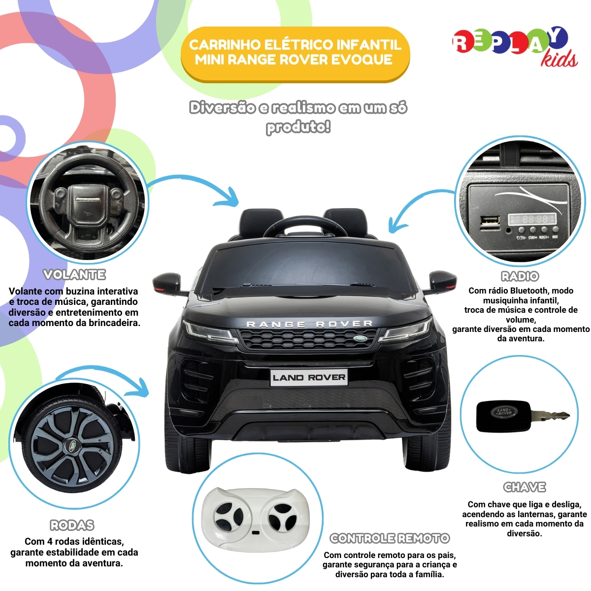 Carrinho Elétrico Infantil Mini Range Rover Preto ReplayKids - Imagem 2