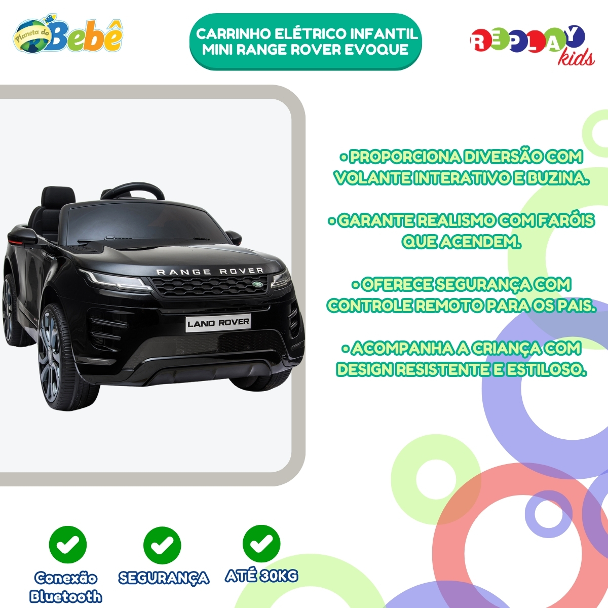 Carrinho Elétrico Infantil Mini Range Rover Preto ReplayKids - Imagem 9