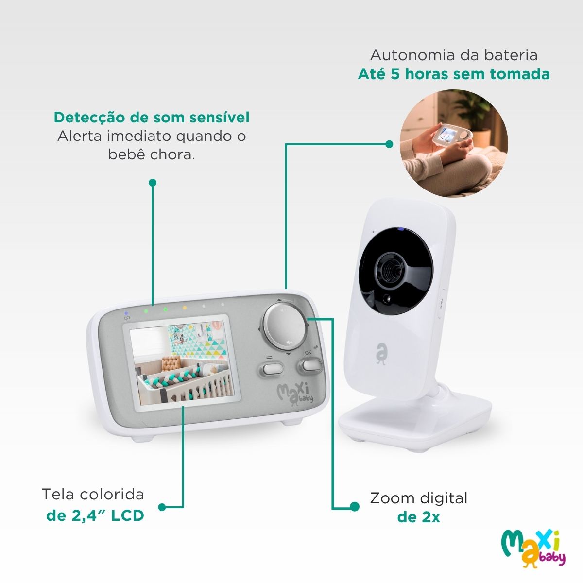 Babá Eletrônica Sem Fio Visão Noturna Zoom Baby ON Maxi Baby - Imagem 4