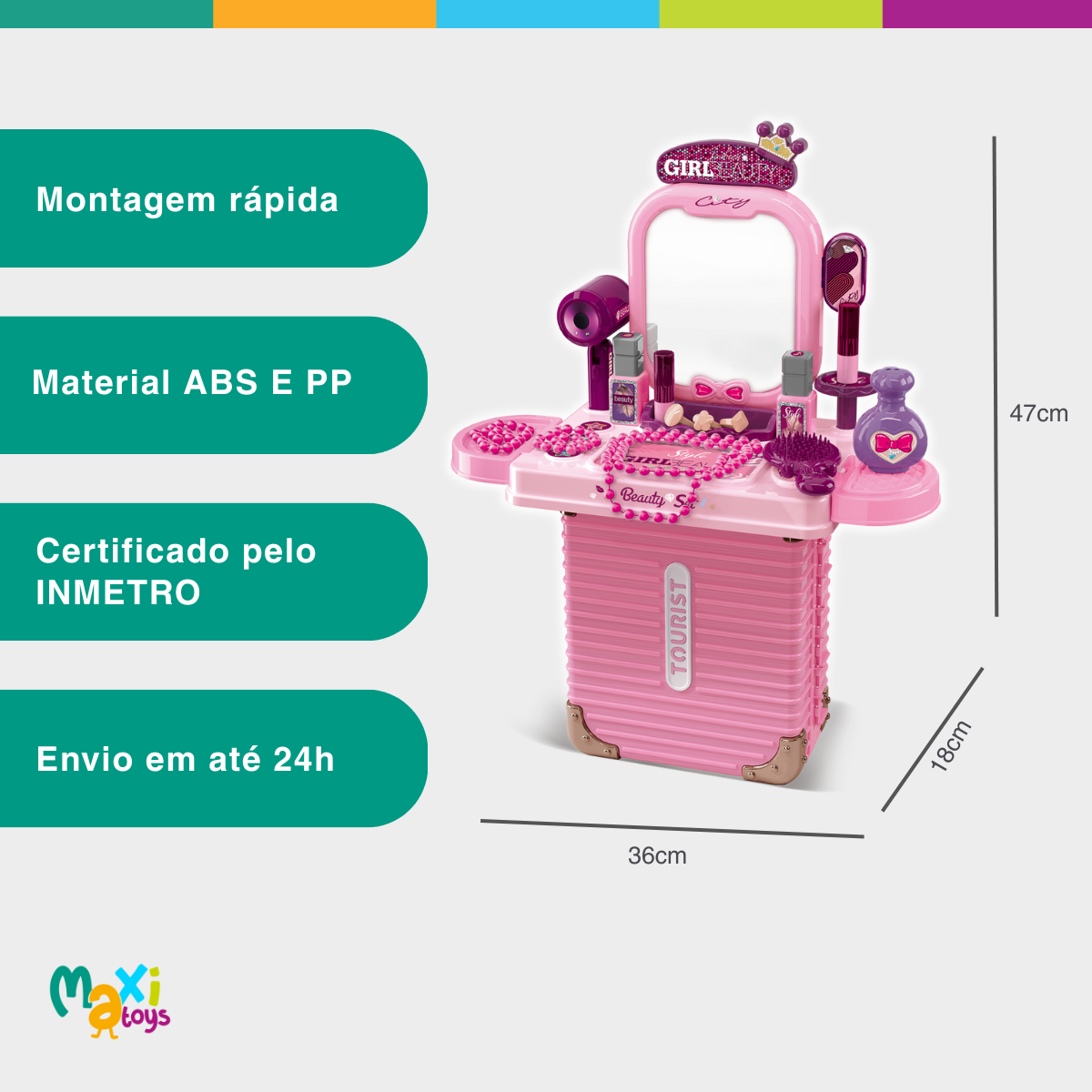 Bancada Penteadeira Infantil 3 em 1 Maleta 21 Peça Maxi Toys - Imagem 8