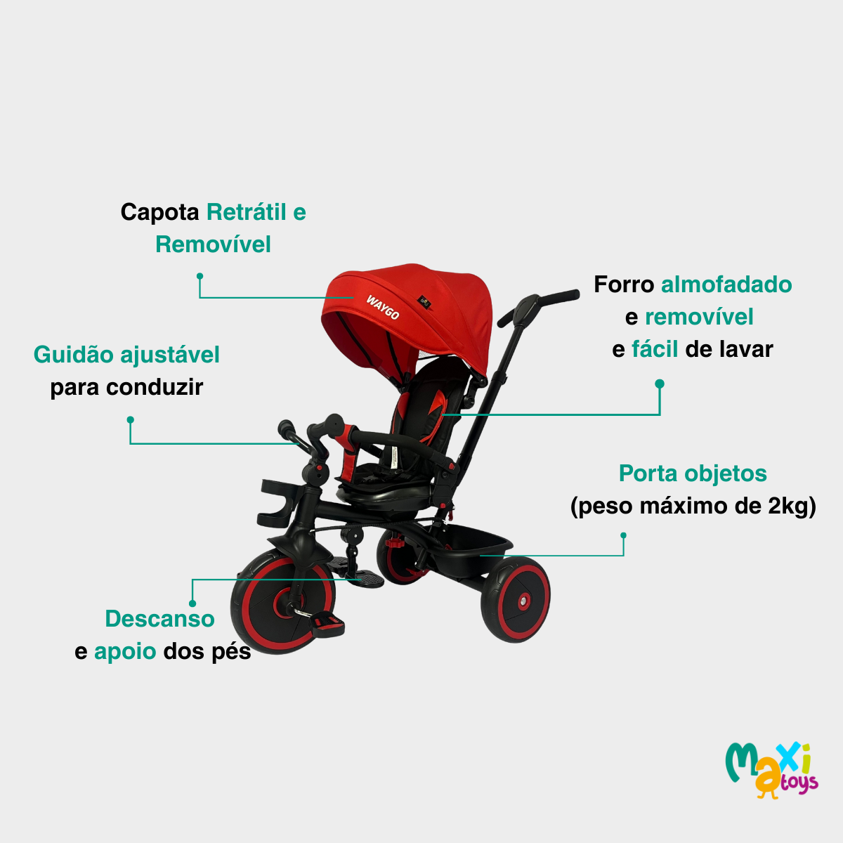 Triciclo Infantil com Empurrador 2 em 1 Waygo Verm Maxi Toys - Imagem 4