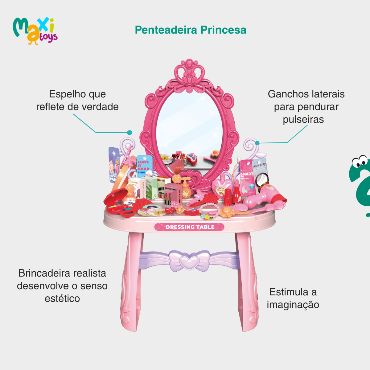 Penteadeira Infantil Com Espelho Princesa 46 Pçs Maxi Toys - Imagem 3