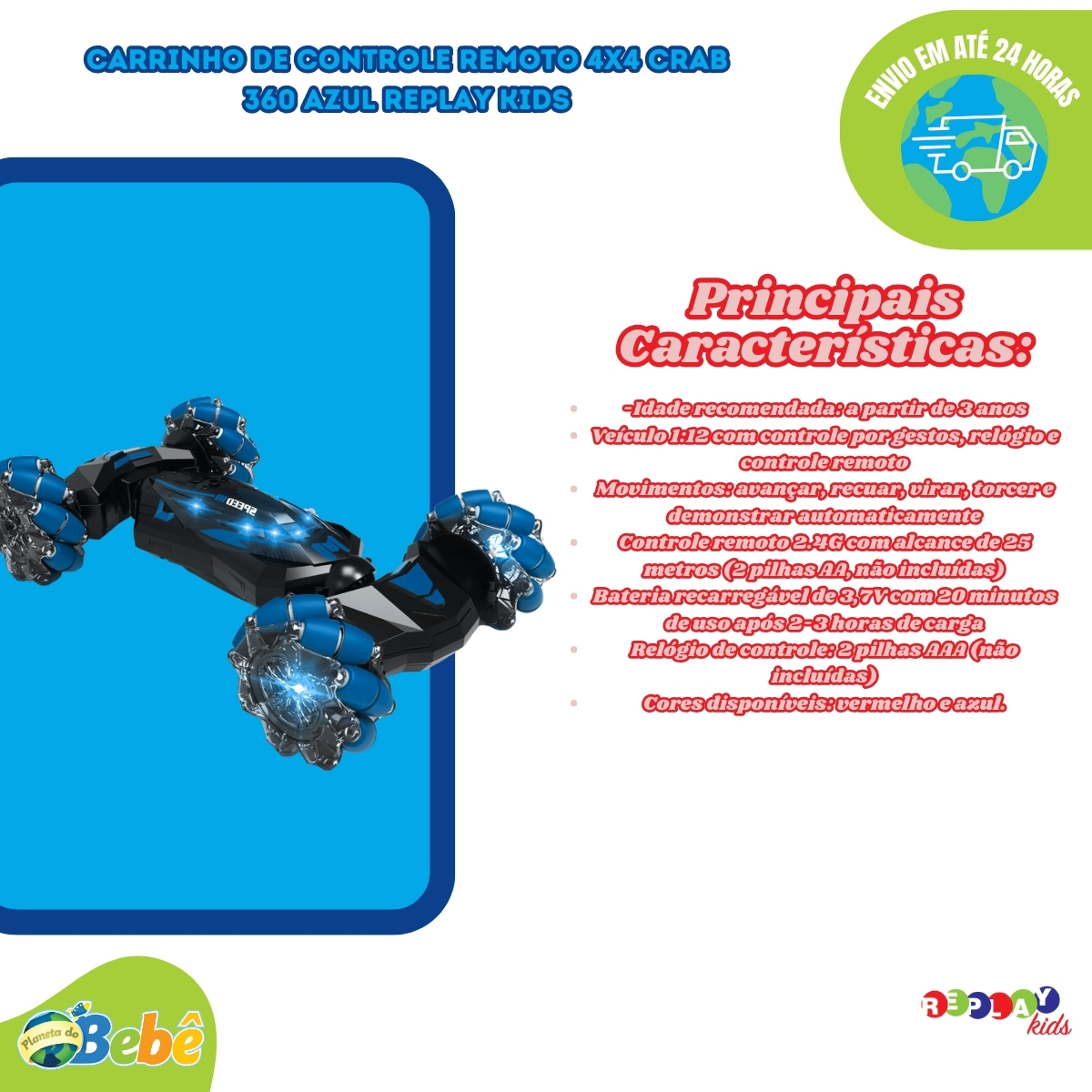 Carrinho de Controle Remoto e Relógio Crab 360º Replay Kids - Imagem 8