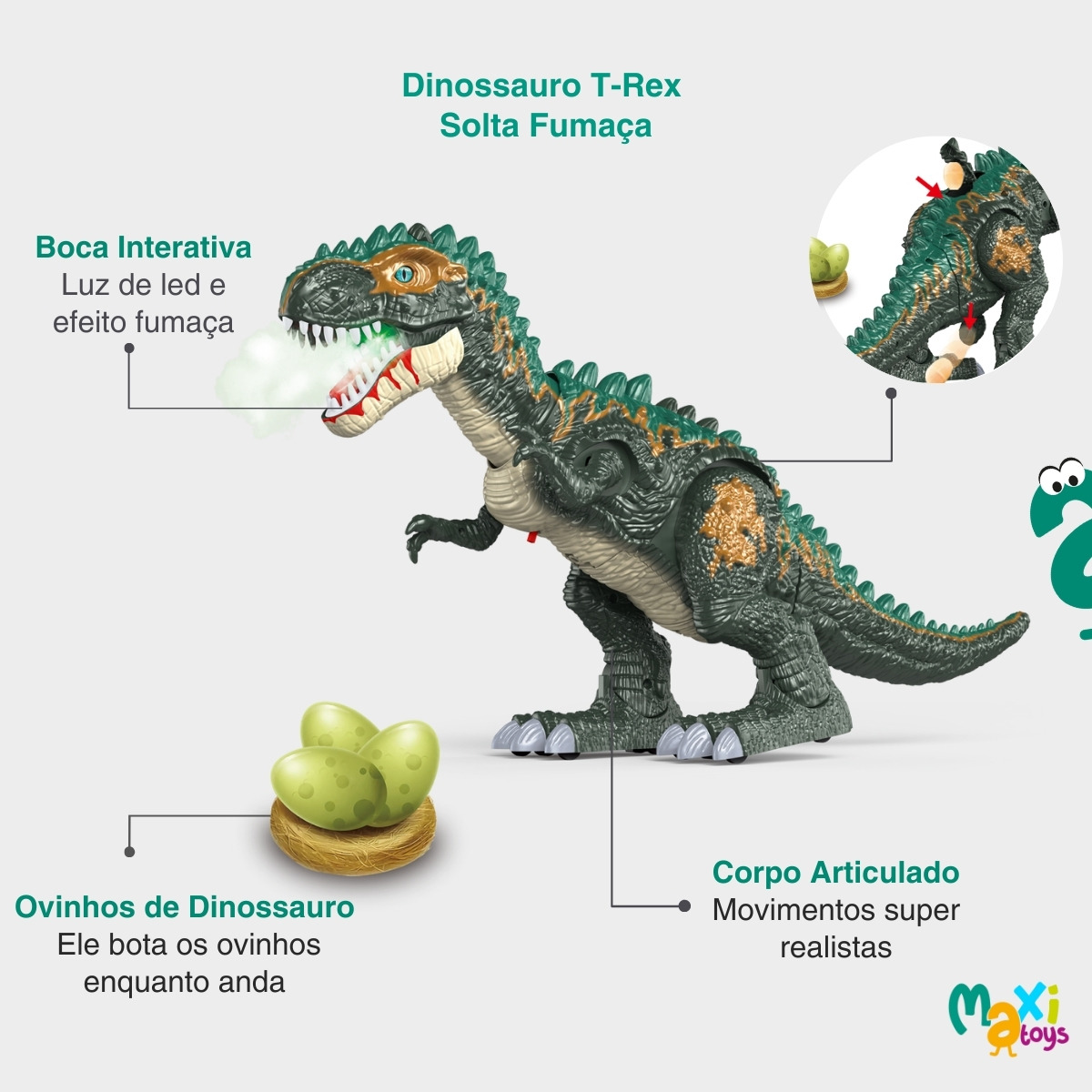 Dinossauro Brinquedo Bota Ovo Fumaça e Som DinoRex Maxi Toys - Imagem 2