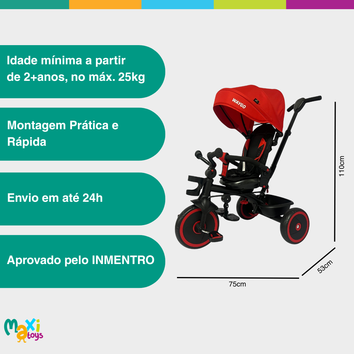 Triciclo Infantil com Empurrador 2 em 1 Waygo Verm Maxi Toys - Imagem 5