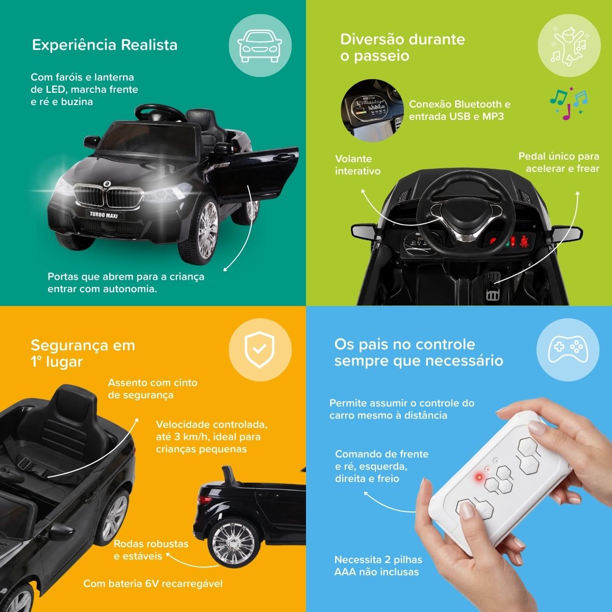 Carro Elétrico Infantil Controle Remoto 6v Turbo Maxi Toys - Imagem 4